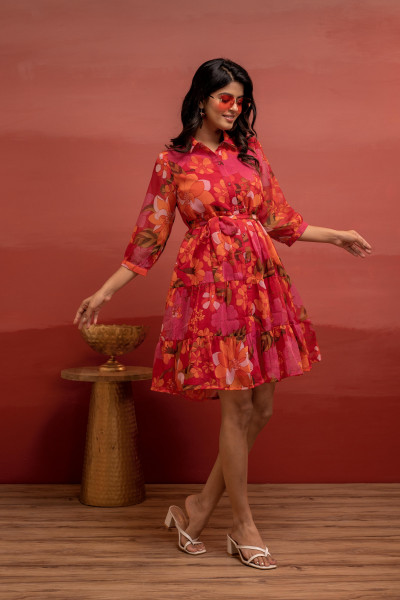 Man Made Fiber Fuchsia Floral Printed Short Dress with Belt