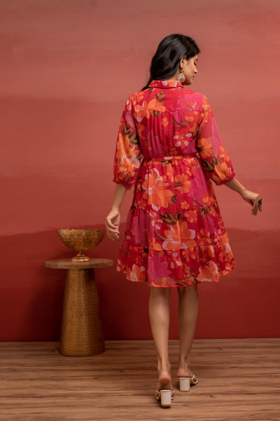 Man Made Fiber Fuchsia Floral Printed Short Dress with Belt