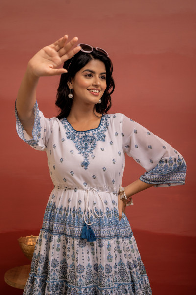 White Floral Printed Man-Made Fiber Short Dress with Thread Work, Sequence, and Slip-On Style