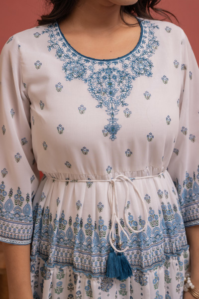 White Floral Printed Man-Made Fiber Short Dress with Thread Work, Sequence, and Slip-On Style