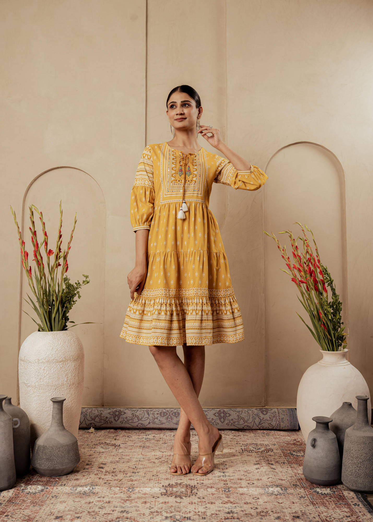 Mustard Ethnic Motifs Viscose Tiered Short Dress with Beads, Sequence, Dori