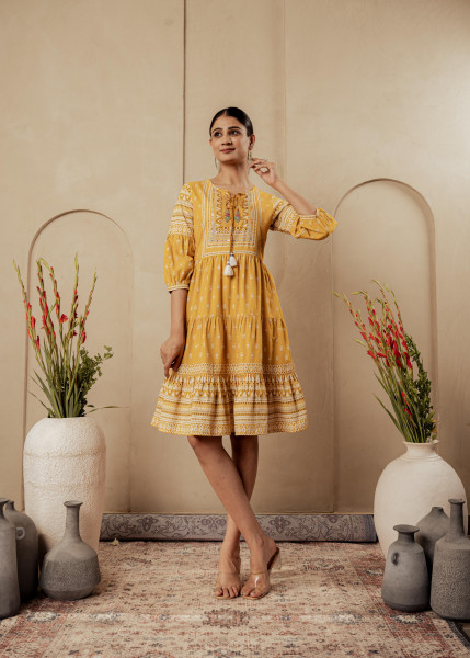 Mustard Ethnic Motifs Viscose Tiered Short Dress with Beads, Sequence, Dori