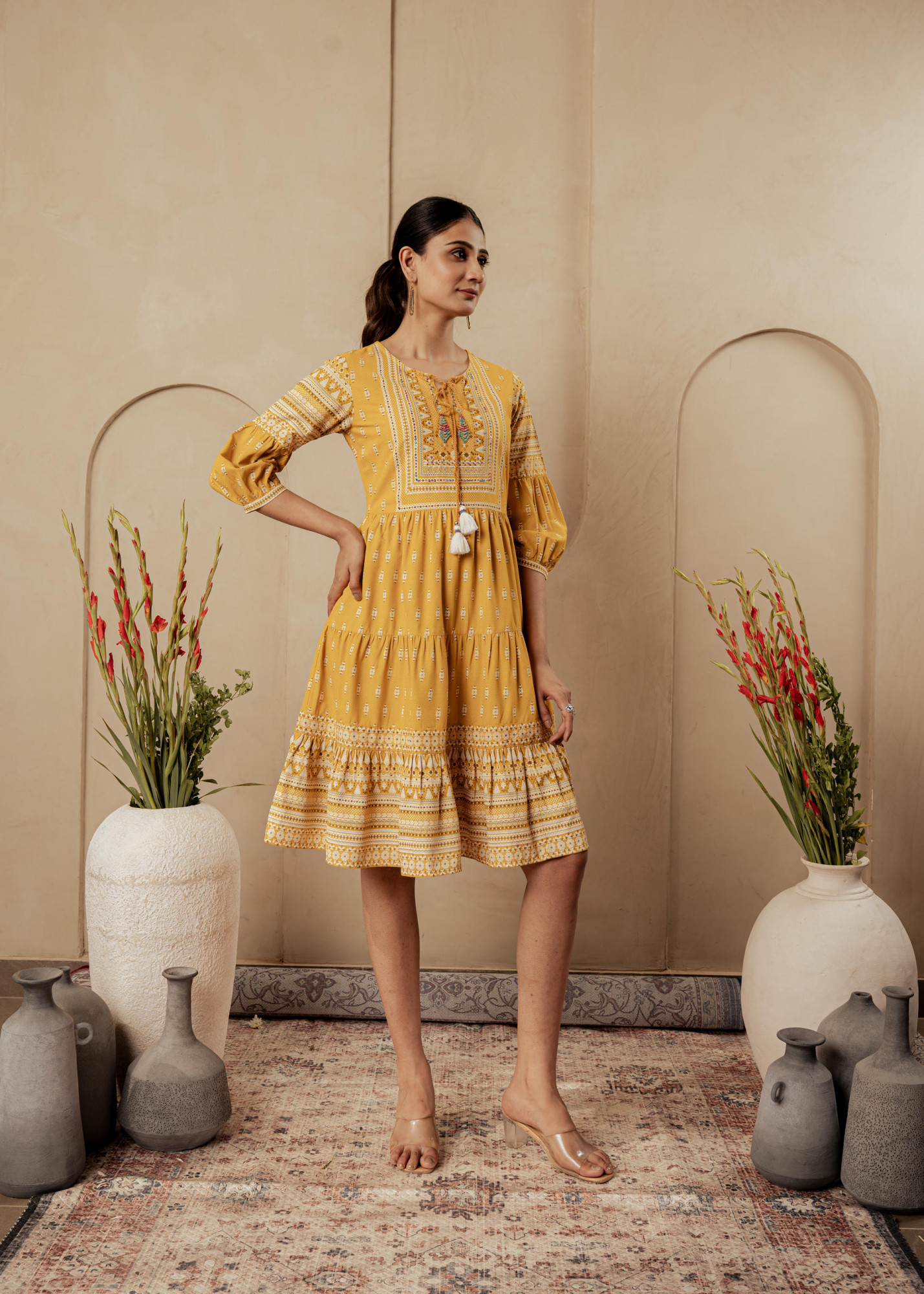 Mustard Ethnic Motifs Viscose Tiered Short Dress with Beads, Sequence, Dori