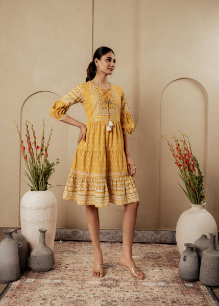 Mustard Ethnic Motifs Viscose Tiered Short Dress with Beads, Sequence, Dori