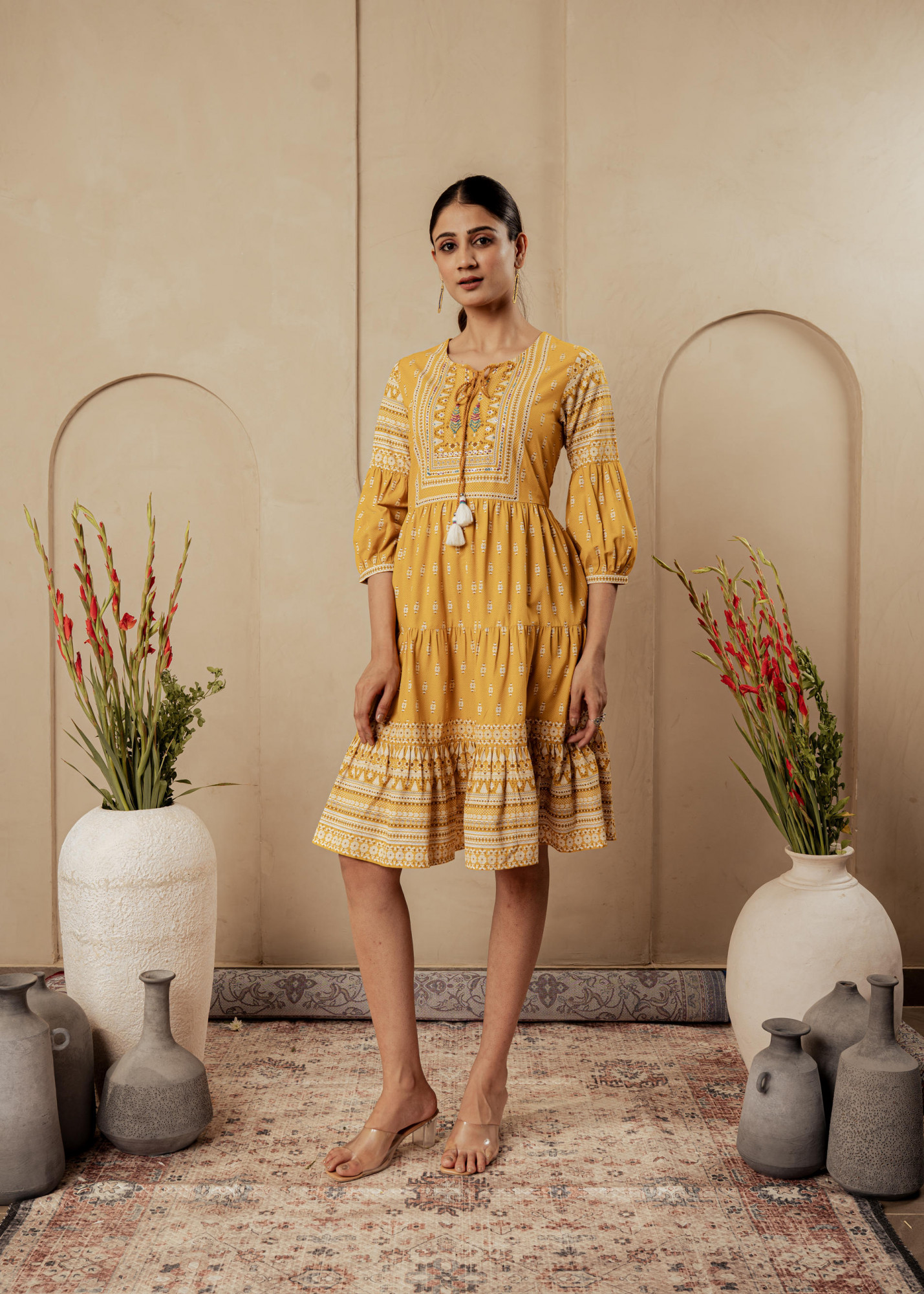 Mustard Ethnic Motifs Viscose Tiered Short Dress with Beads, Sequence, Dori