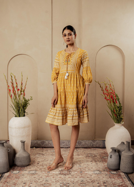 Mustard Ethnic Motifs Viscose Tiered Short Dress with Beads, Sequence, Dori