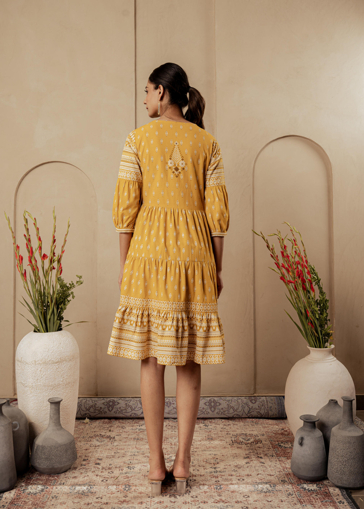 Mustard Ethnic Motifs Viscose Tiered Short Dress with Beads, Sequence, Dori