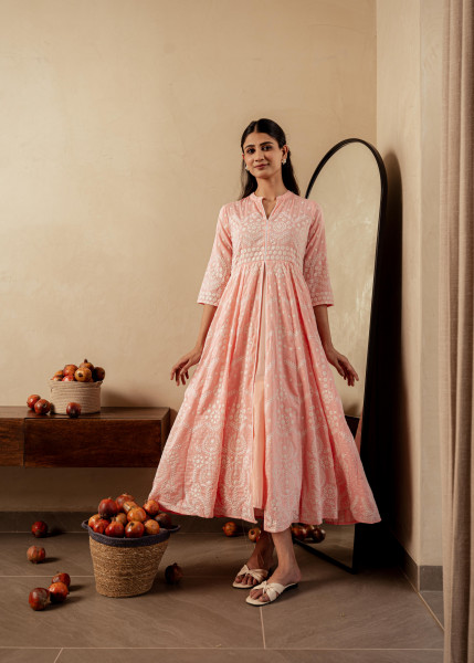Peach Solid  Panelled Long Dress with Thread Work
