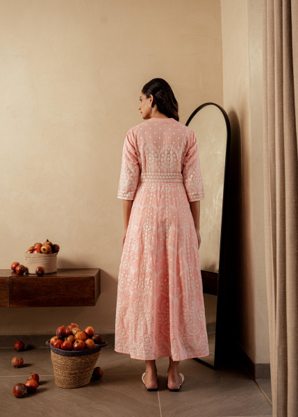 Peach Solid  Panelled Long Dress with Thread Work