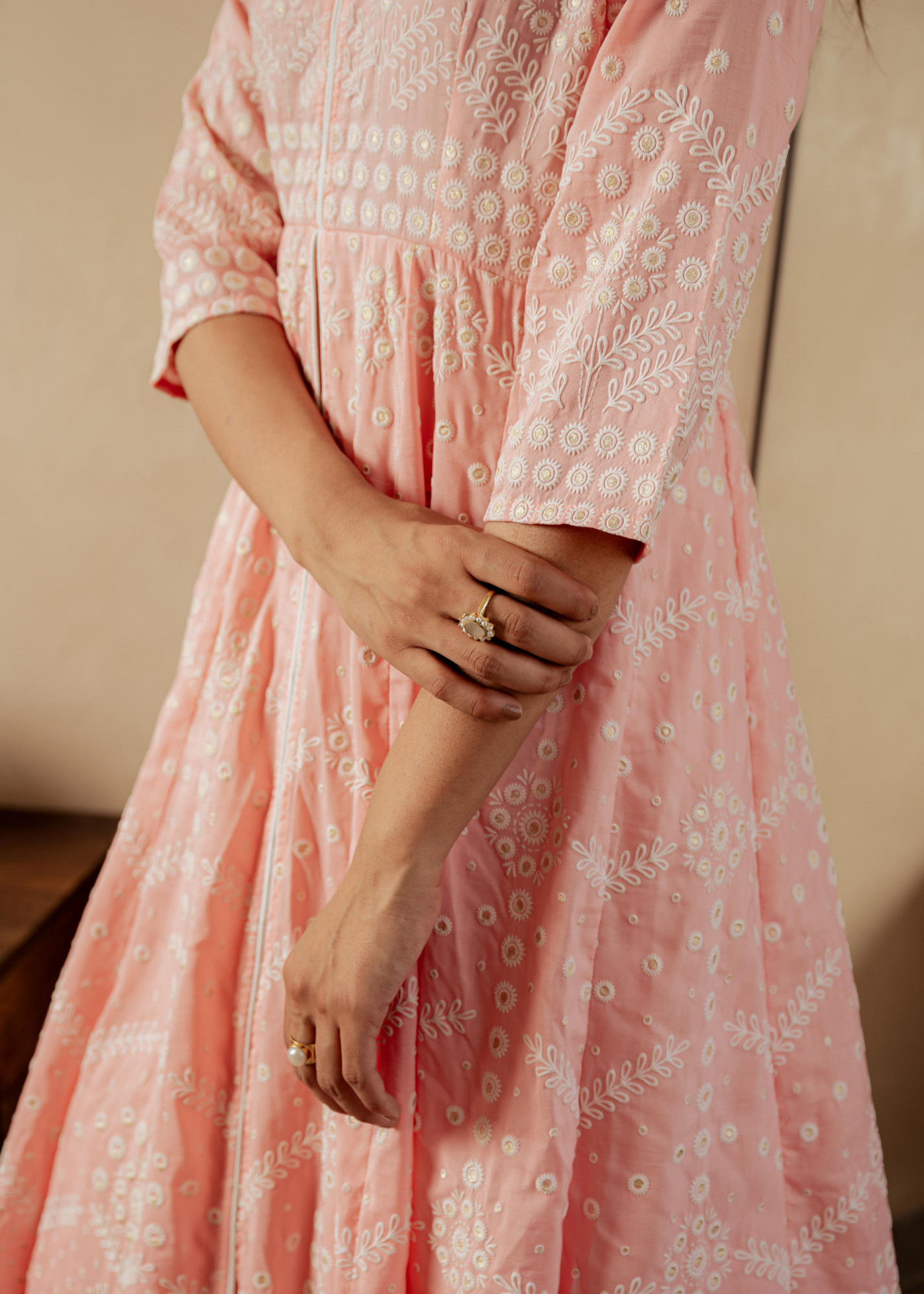 Peach Solid  Panelled Long Dress with Thread Work