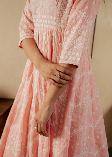 Peach Solid  Panelled Long Dress with Thread Work