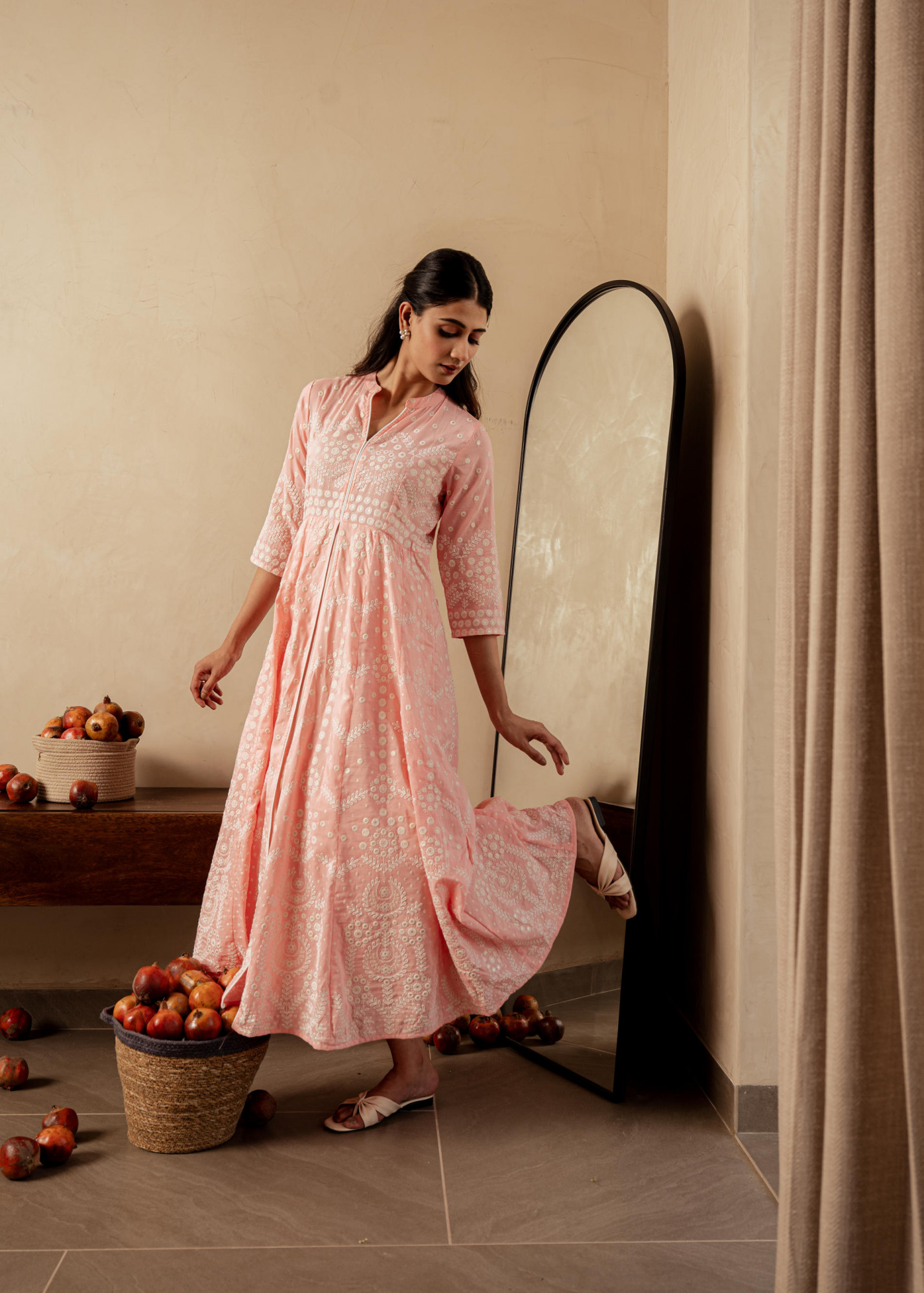 Peach Solid  Panelled Long Dress with Thread Work