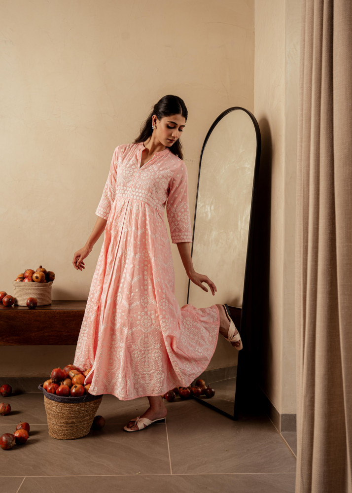 Peach Solid  Panelled Long Dress with Thread Work
