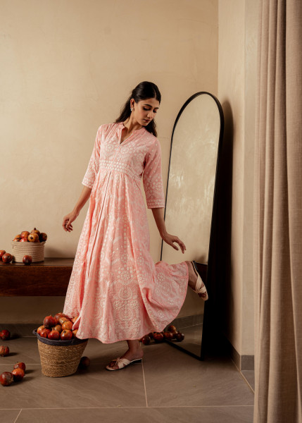 Peach Solid  Panelled Long Dress with Thread Work