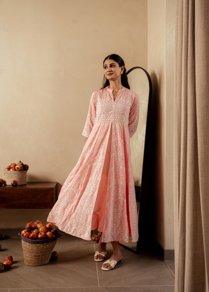 Peach Solid  Panelled Long Dress with Thread Work