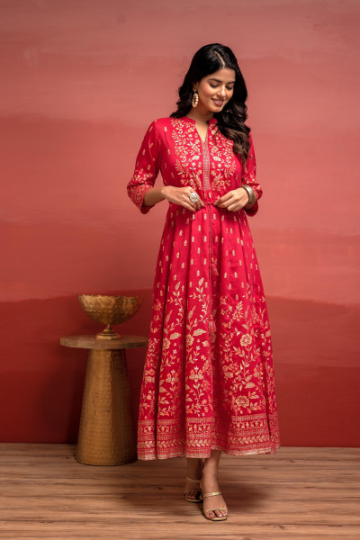 Fuchsia Floral Foil Printed Anarkali Long Dress