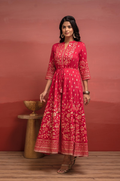 Fuchsia Floral Foil Printed Anarkali Long Dress