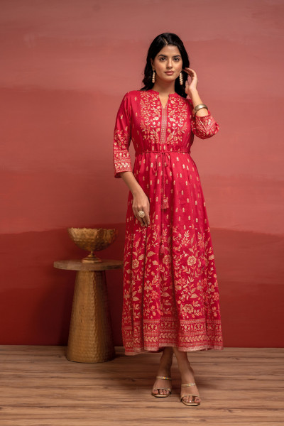 Fuchsia Floral Foil Printed Anarkali Long Dress