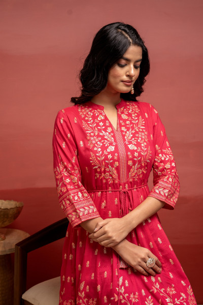 Fuchsia Floral Foil Printed Anarkali Long Dress