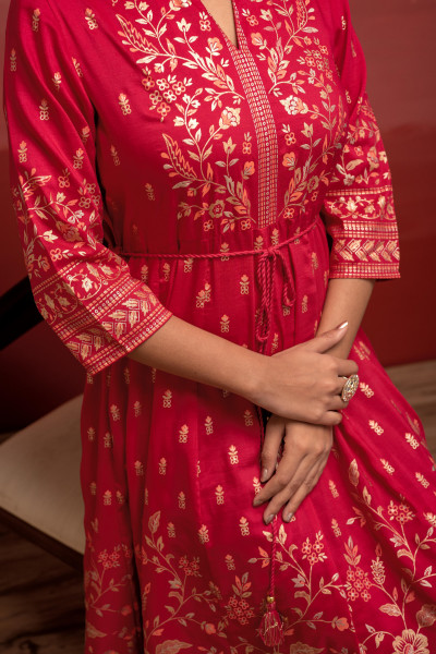 Fuchsia Floral Foil Printed Anarkali Long Dress
