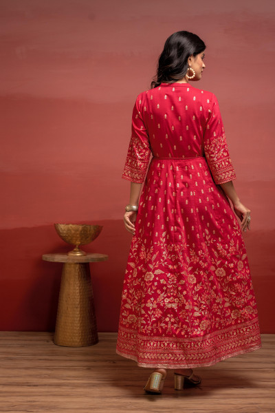 Fuchsia Floral Foil Printed Anarkali Long Dress