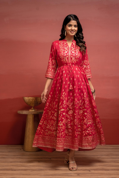 Fuchsia Floral Foil Printed Anarkali Long Dress