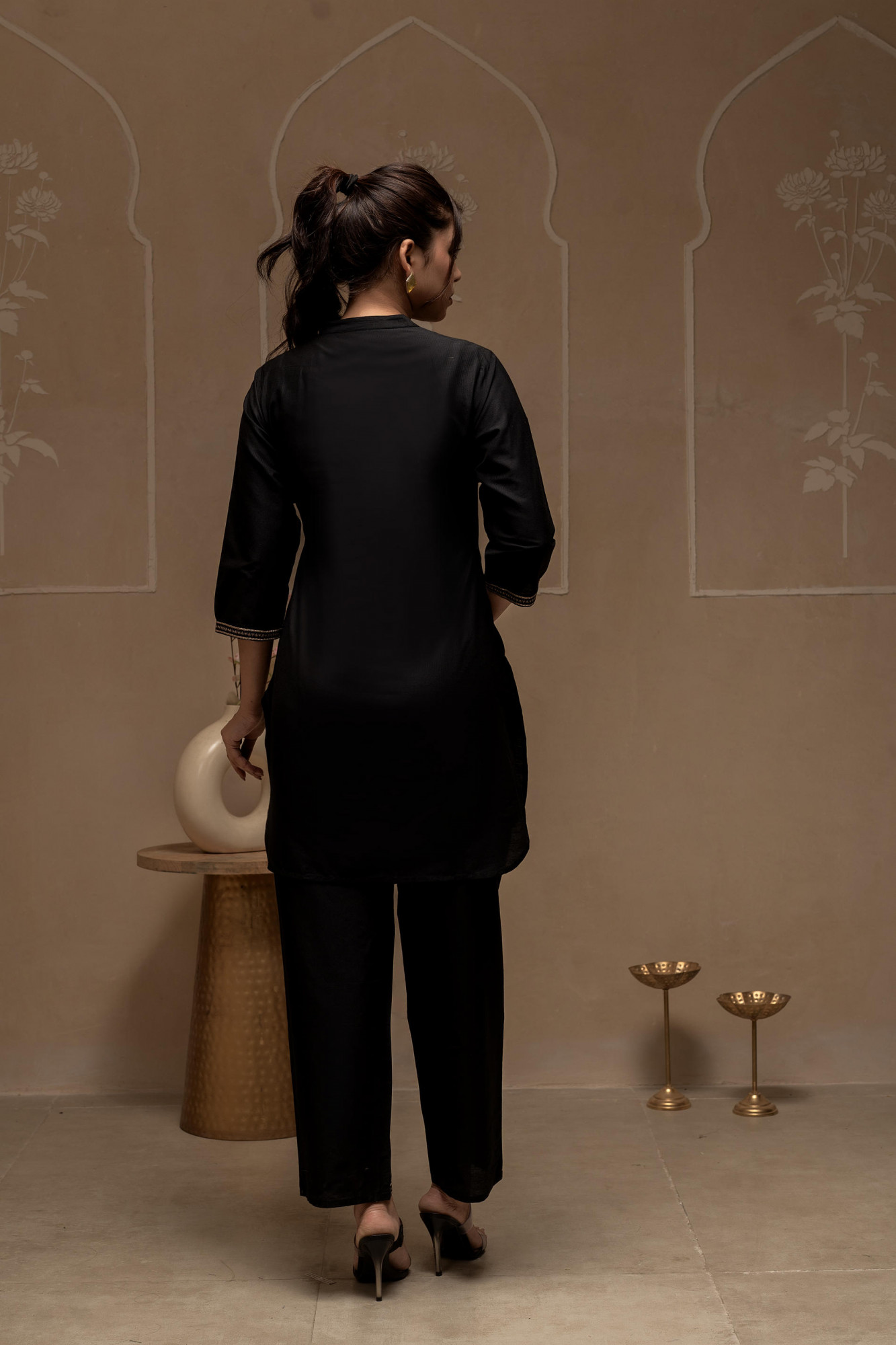 Black Solid Viscose Tunic and Pants Co-ord Set with Thread Work and Button Detailing