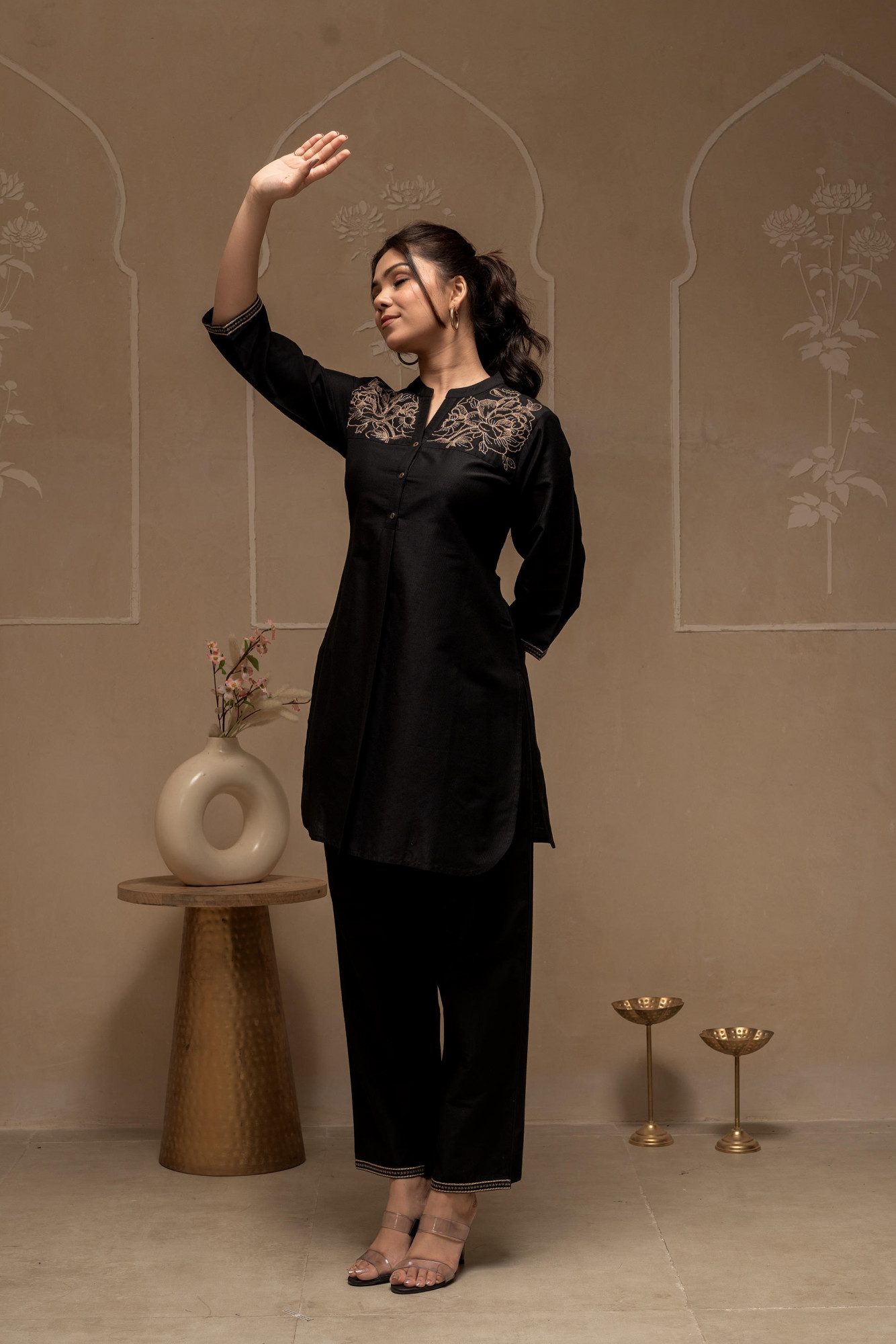 Black Solid Viscose Tunic and Pants Co-ord Set with Thread Work and Button Detailing