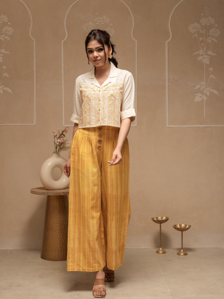 Off White Mustard Solid Viscose Top and Printed Cotton Pants Co-ord Set with Thread Work and Buttons