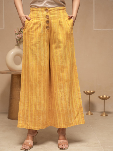 Off White Mustard Solid Viscose Top and Printed Cotton Pants Co-ord Set with Thread Work and Buttons