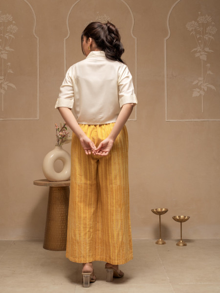 Off White Mustard Solid Viscose Top and Printed Cotton Pants Co-ord Set with Thread Work and Buttons