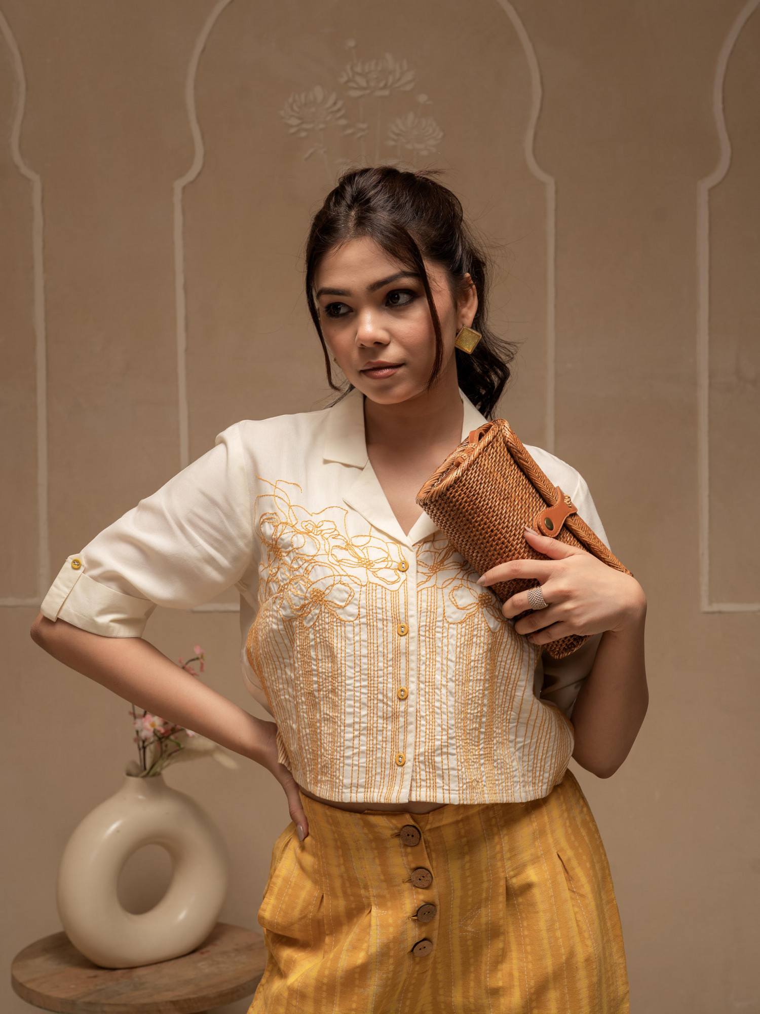 Off White Mustard Solid Viscose Top and Printed Cotton Pants Co-ord Set with Thread Work and Buttons