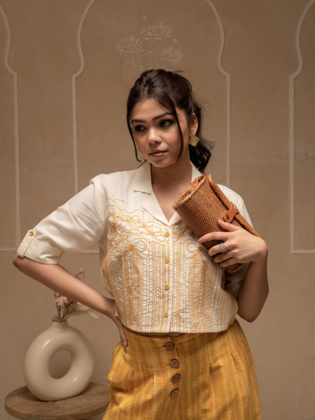 Off White Mustard Solid Viscose Top and Printed Cotton Pants Co-ord Set with Thread Work and Buttons