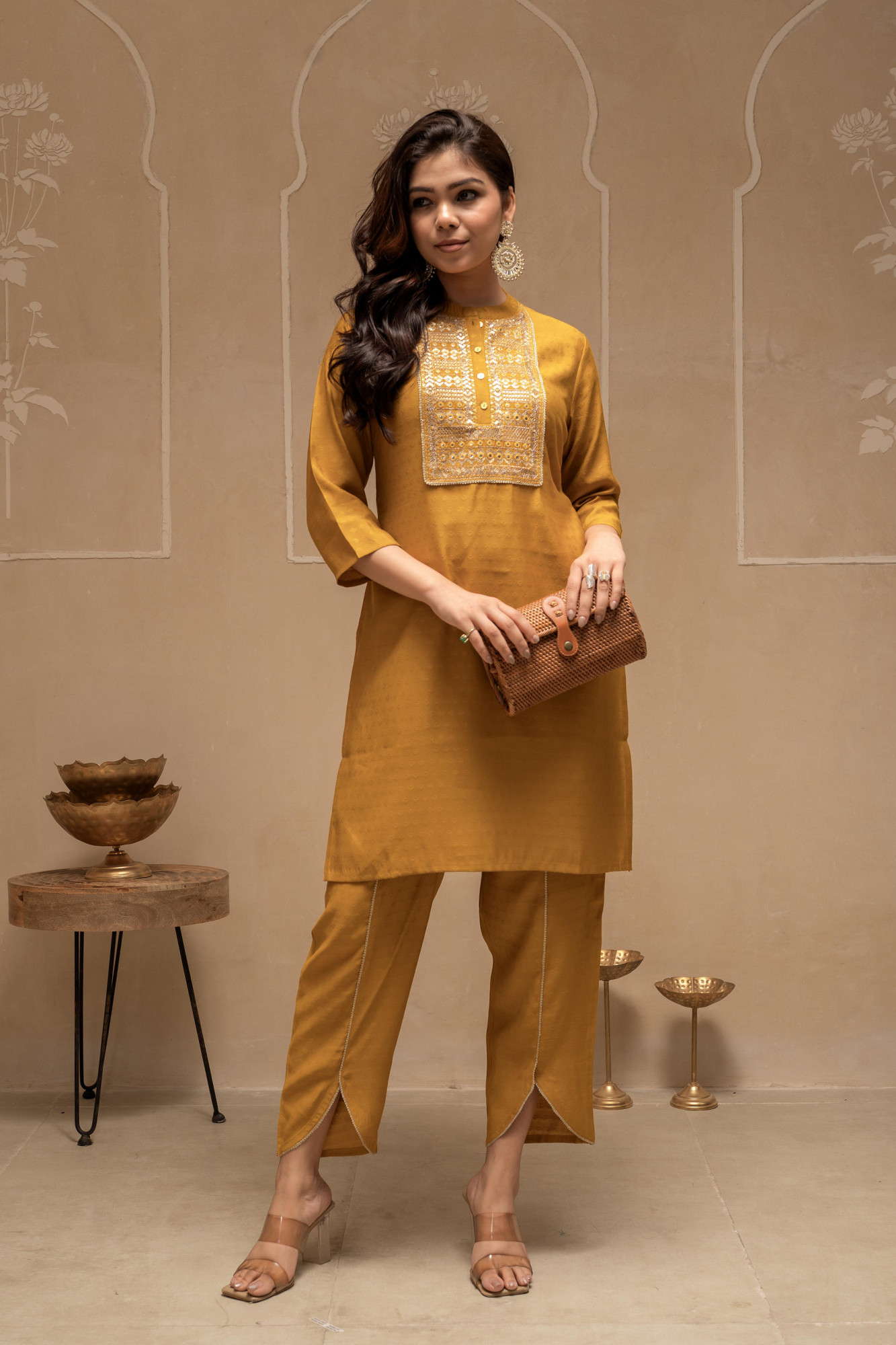 Mustard Solid Viscose Tunic and Pant Co-ord Set with Mirror, Thread Work, Button & Sequence