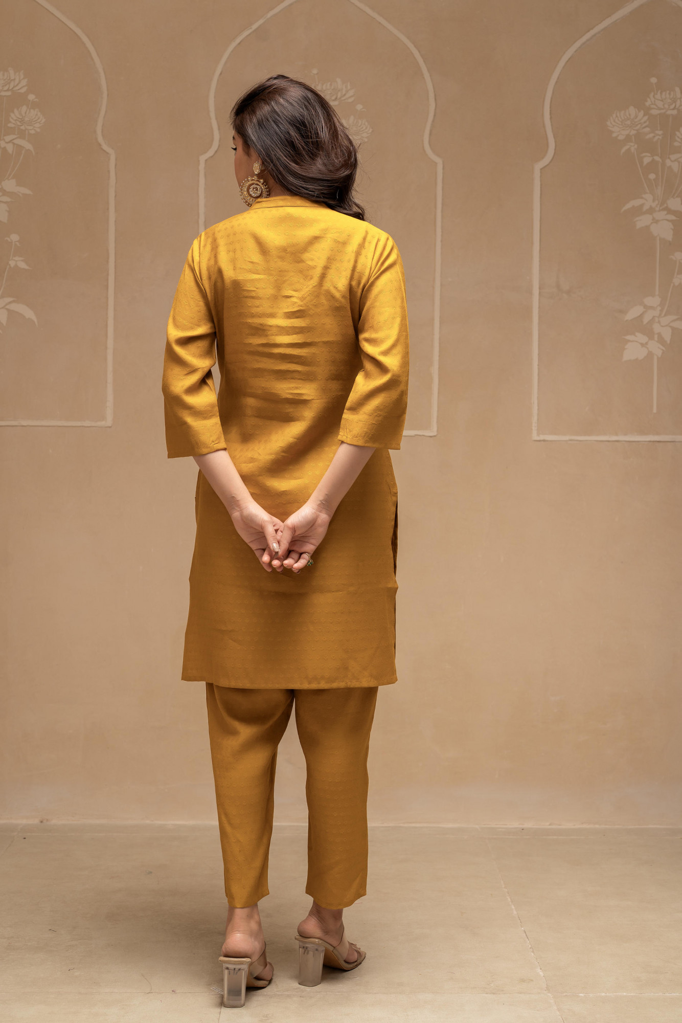 Mustard Solid Viscose Tunic and Pant Co-ord Set with Mirror, Thread Work, Button & Sequence