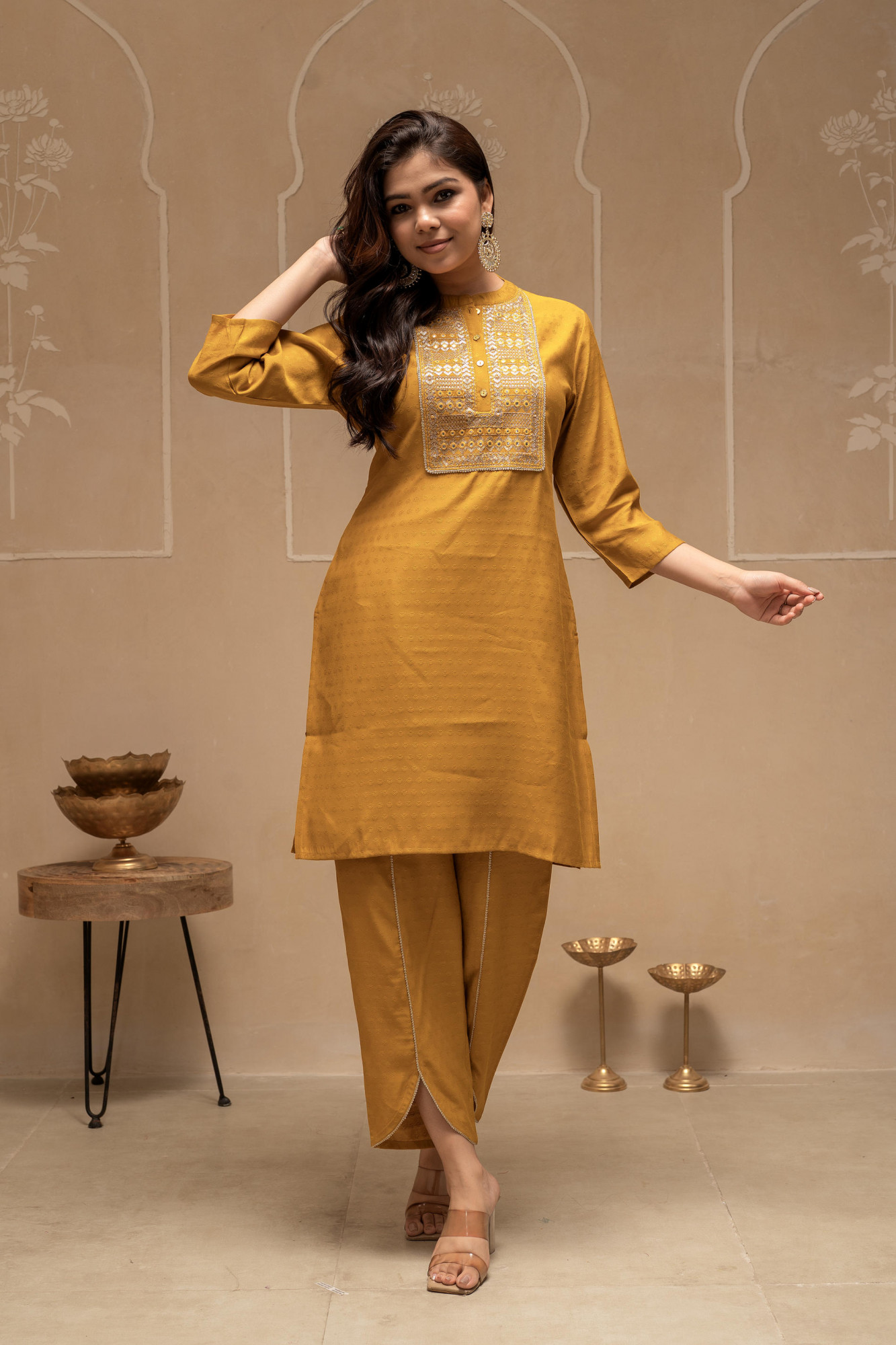 Mustard Solid Viscose Tunic and Pant Co-ord Set with Mirror, Thread Work, Button & Sequence