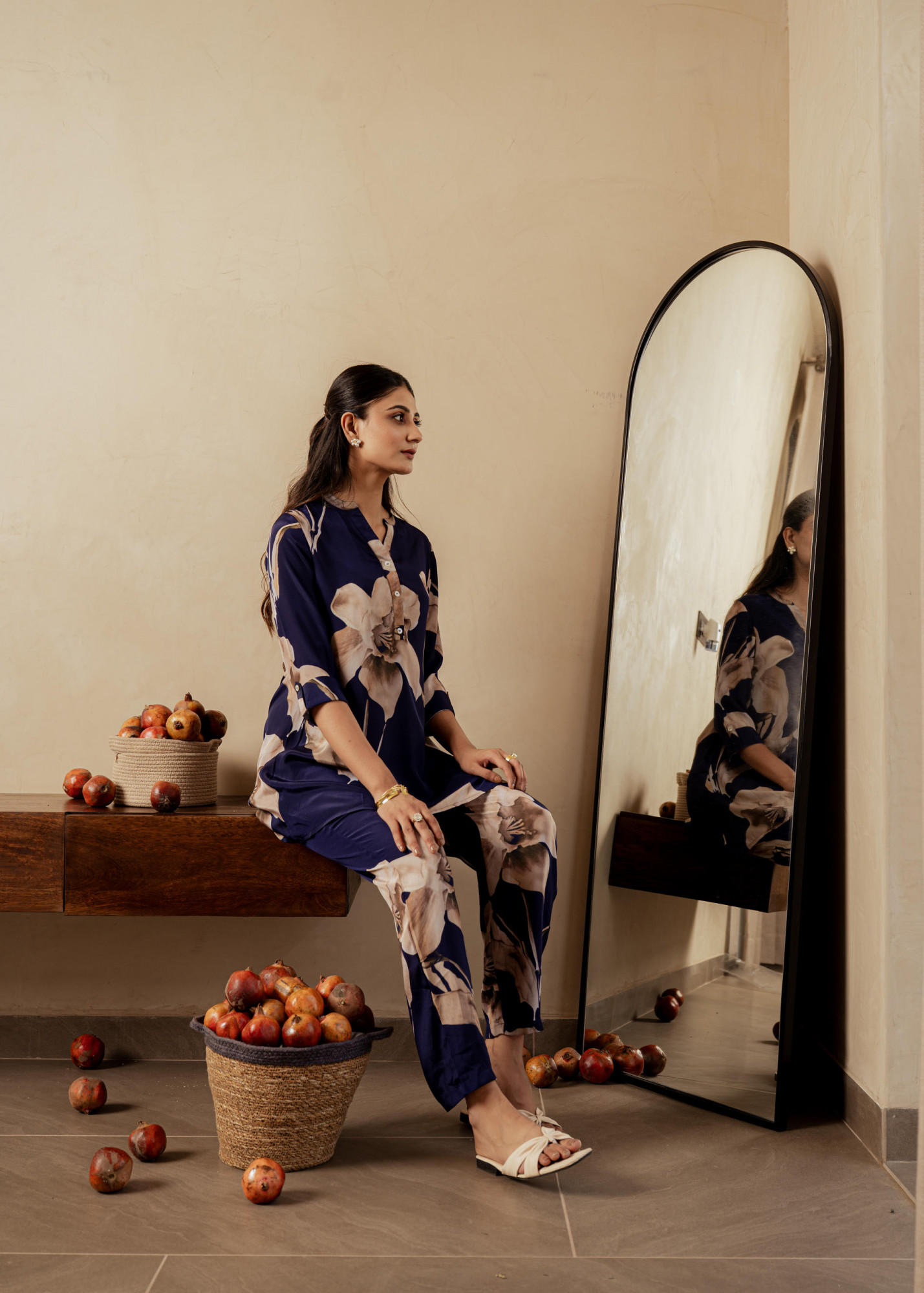 Navy Floral Printed Poly Tunic and Solid Pants Co-ord Set with Button Detailing