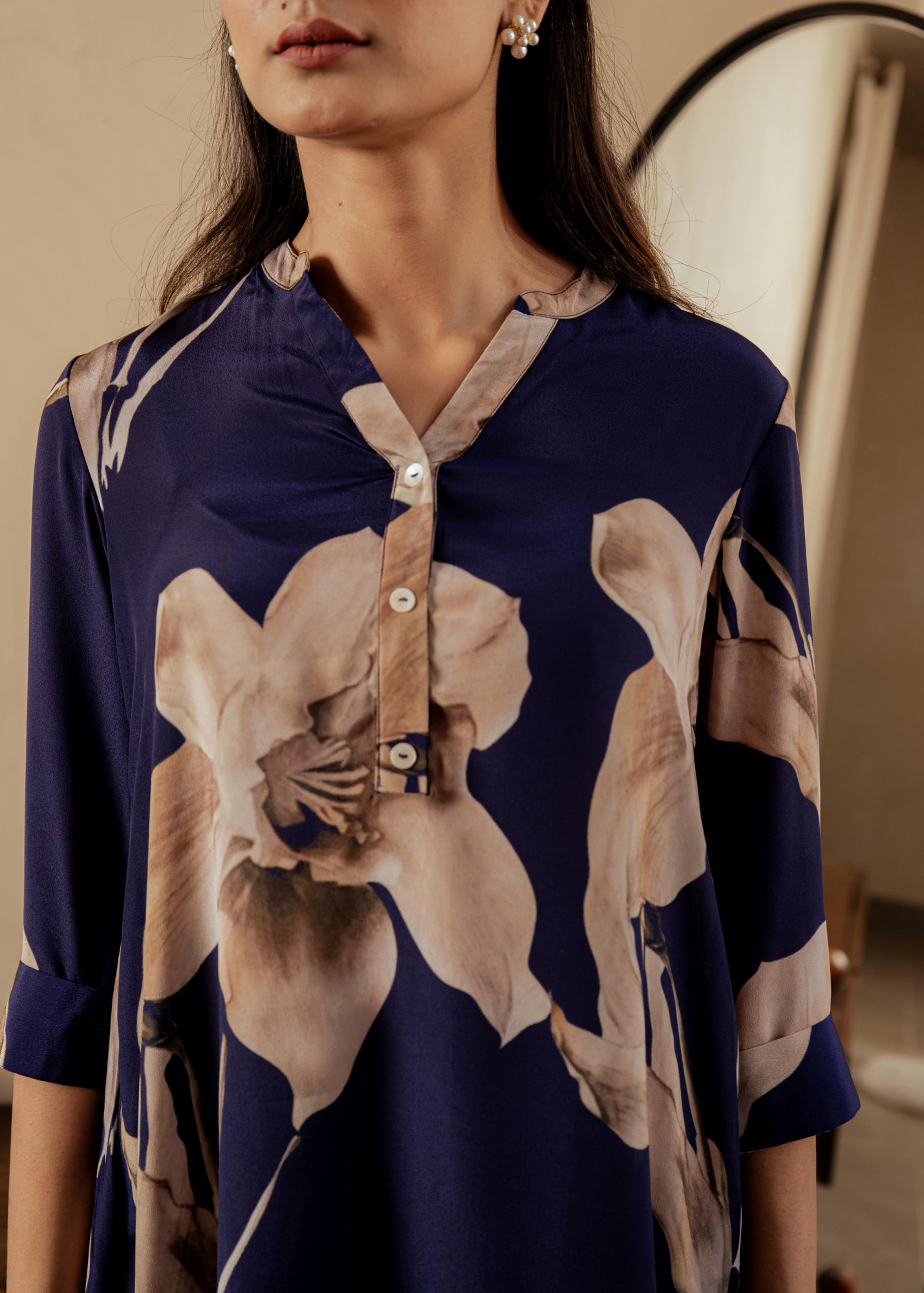 Navy Floral Printed Poly Tunic and Solid Pants Co-ord Set with Button Detailing