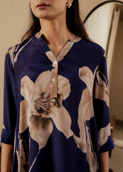 Navy Floral Printed Poly Tunic and Solid Pants Co-ord Set with Button Detailing