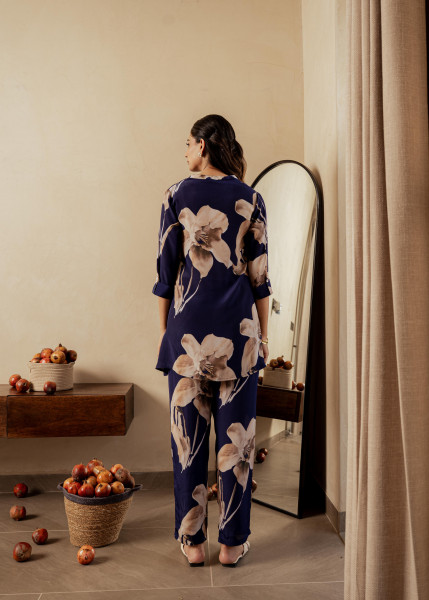 Navy Floral Printed Poly Tunic and Solid Pants Co-ord Set with Button Detailing