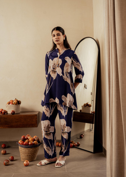 Navy Floral Printed Poly Tunic and Solid Pants Co-ord Set with Button Detailing