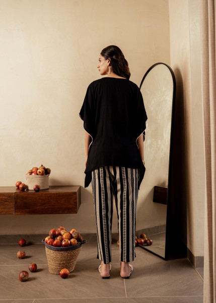 Black Solid Viscose Kaftan and Pants Co-ord Set with Mirror and Thread Work