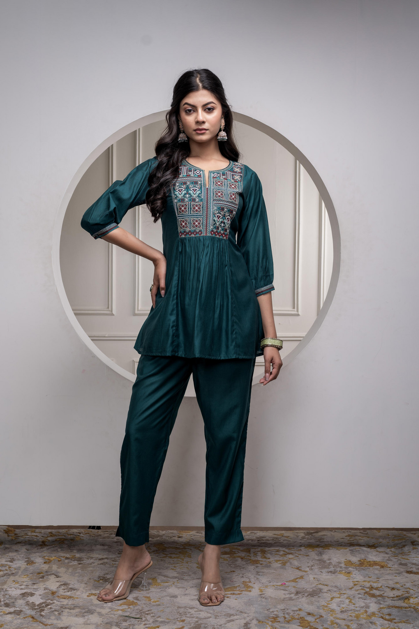 Bottlegreen Solid Viscose Gathered Tunic and Pants Co-ord Set with Thread Work