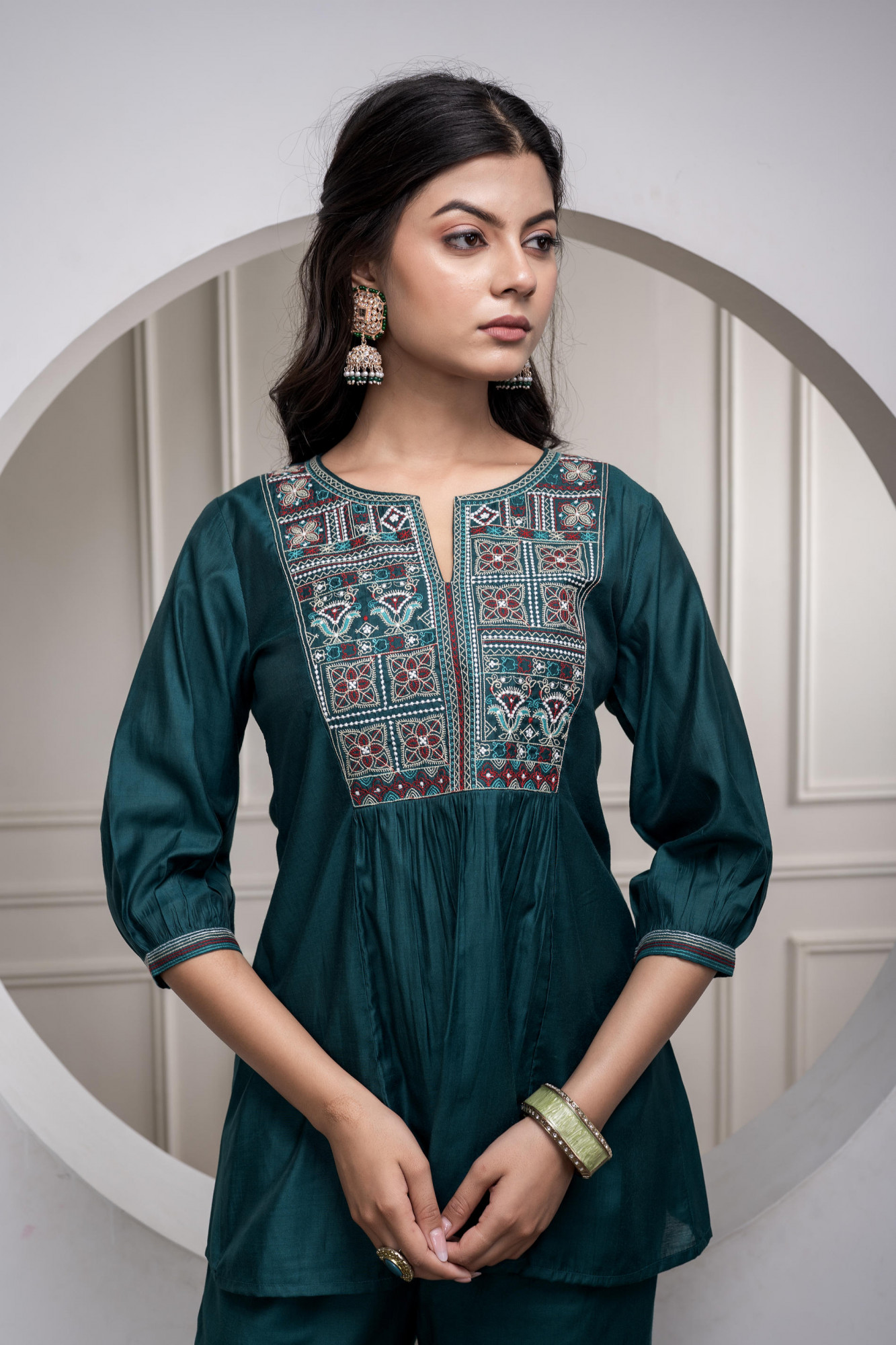 Bottlegreen Solid Viscose Gathered Tunic and Pants Co-ord Set with Thread Work