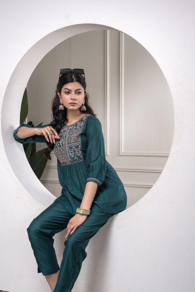 Bottlegreen Solid Viscose Gathered Tunic and Pants Co-ord Set with Thread Work