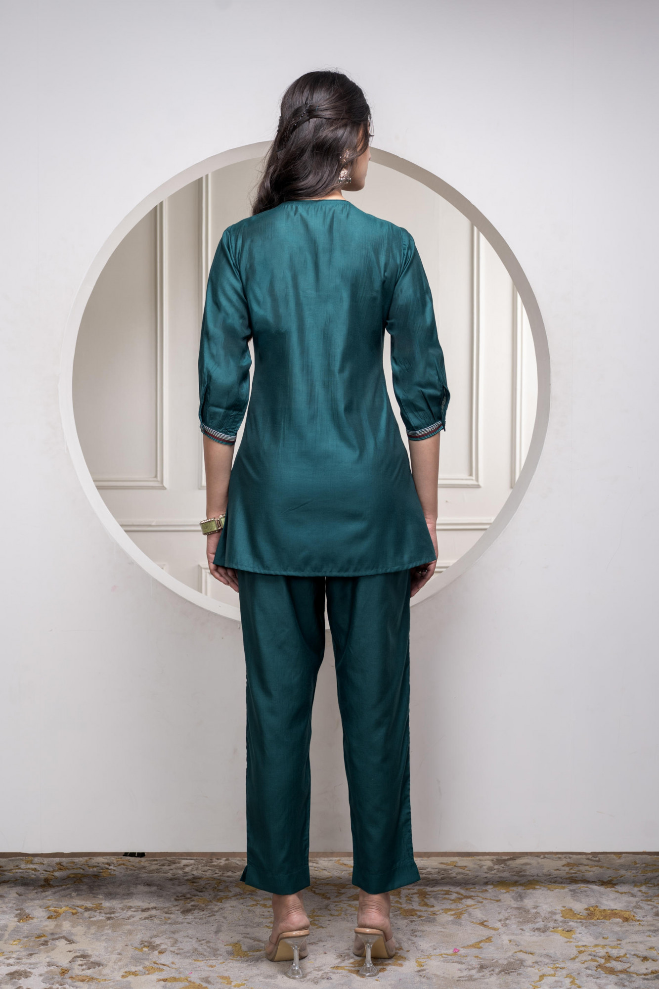 Bottlegreen Solid Viscose Gathered Tunic and Pants Co-ord Set with Thread Work