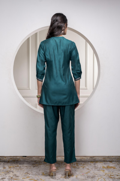 Bottlegreen Solid Viscose Gathered Tunic and Pants Co-ord Set with Thread Work