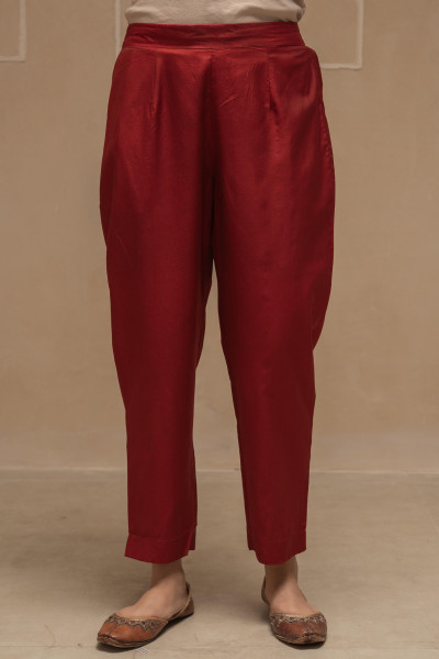 Maroon Solid Viscose Gathered Tunic and Pants Co-ord Set with Thread Work