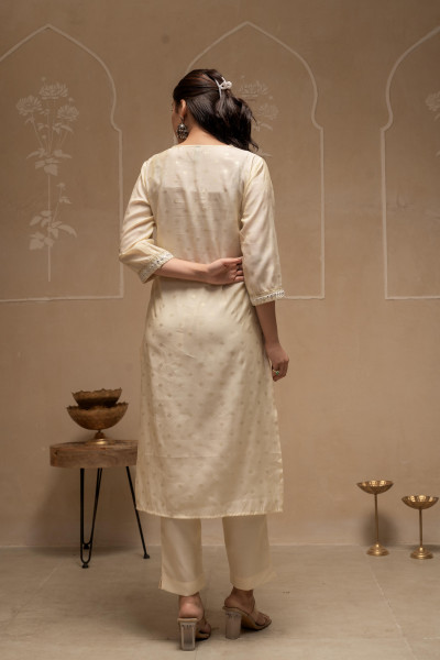 White Floral Viscose Kurta and Pants Set with Mirror and Thread Work