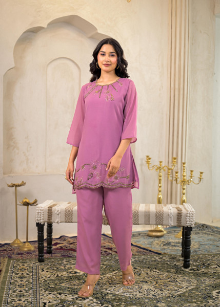 Rose Pink Embellished Kurta Pant Dupatta with Beads and Sequence Work